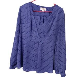 Elle Women's XXL Blue Black Polka Dot V-Neck Blouse Top Long Sleeve Pullover